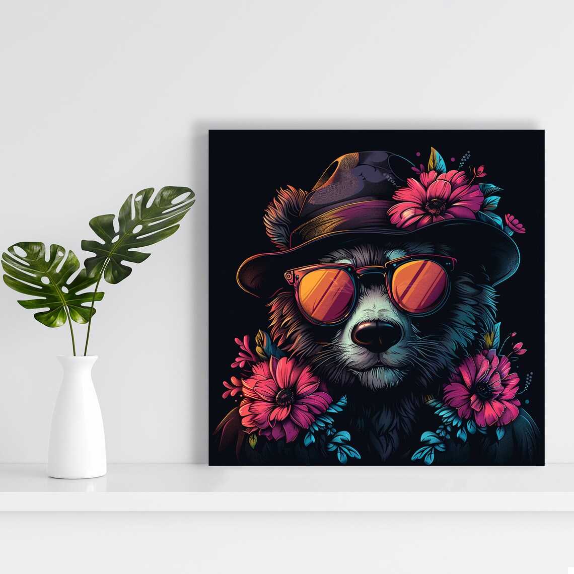 Hip Bear Wearing Orange Sunglasses Floral Hat Neon Black Wall Art - Image 2
