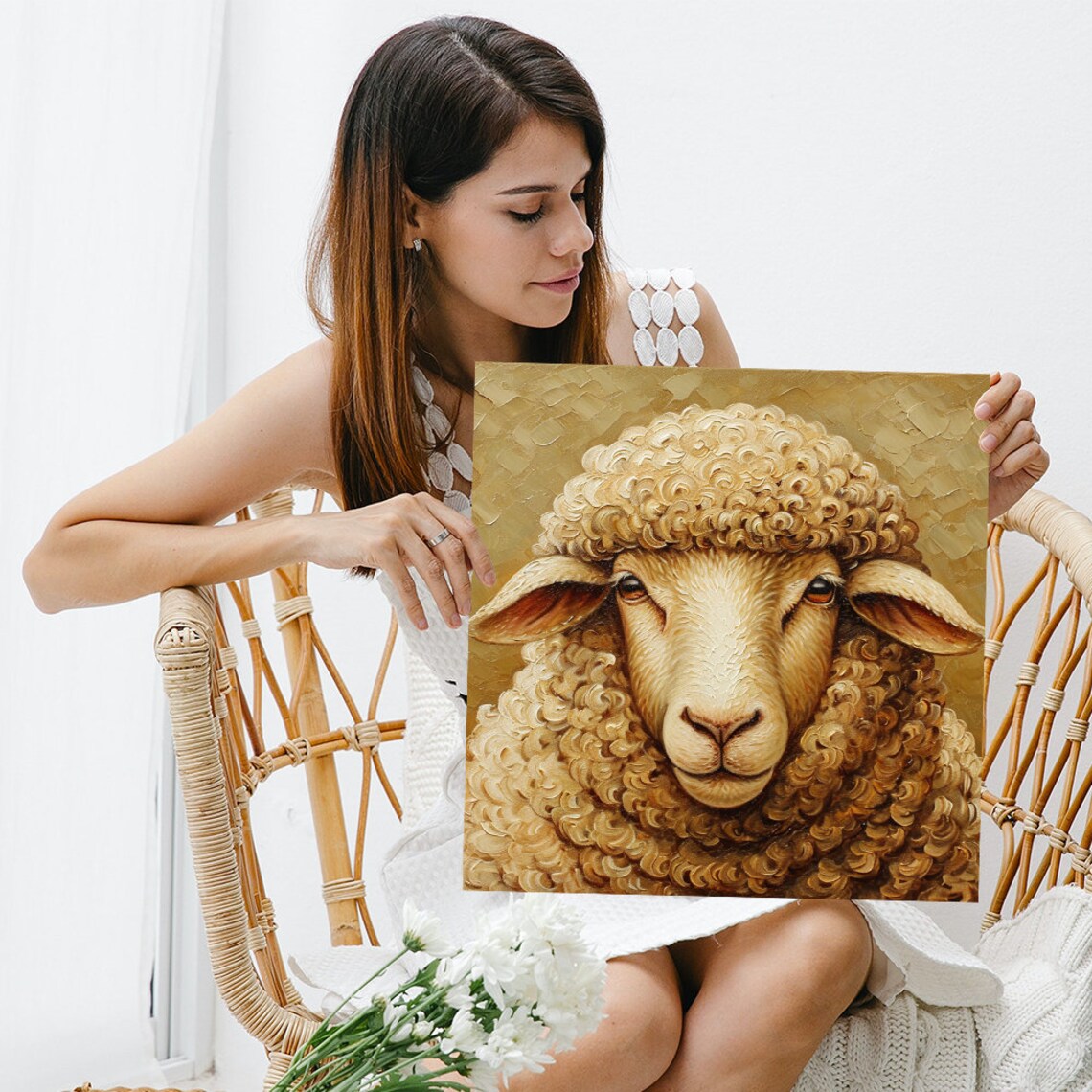Golden Sheep Portrait Impasto Oil Painting Style Wall Art Poster - Image 3