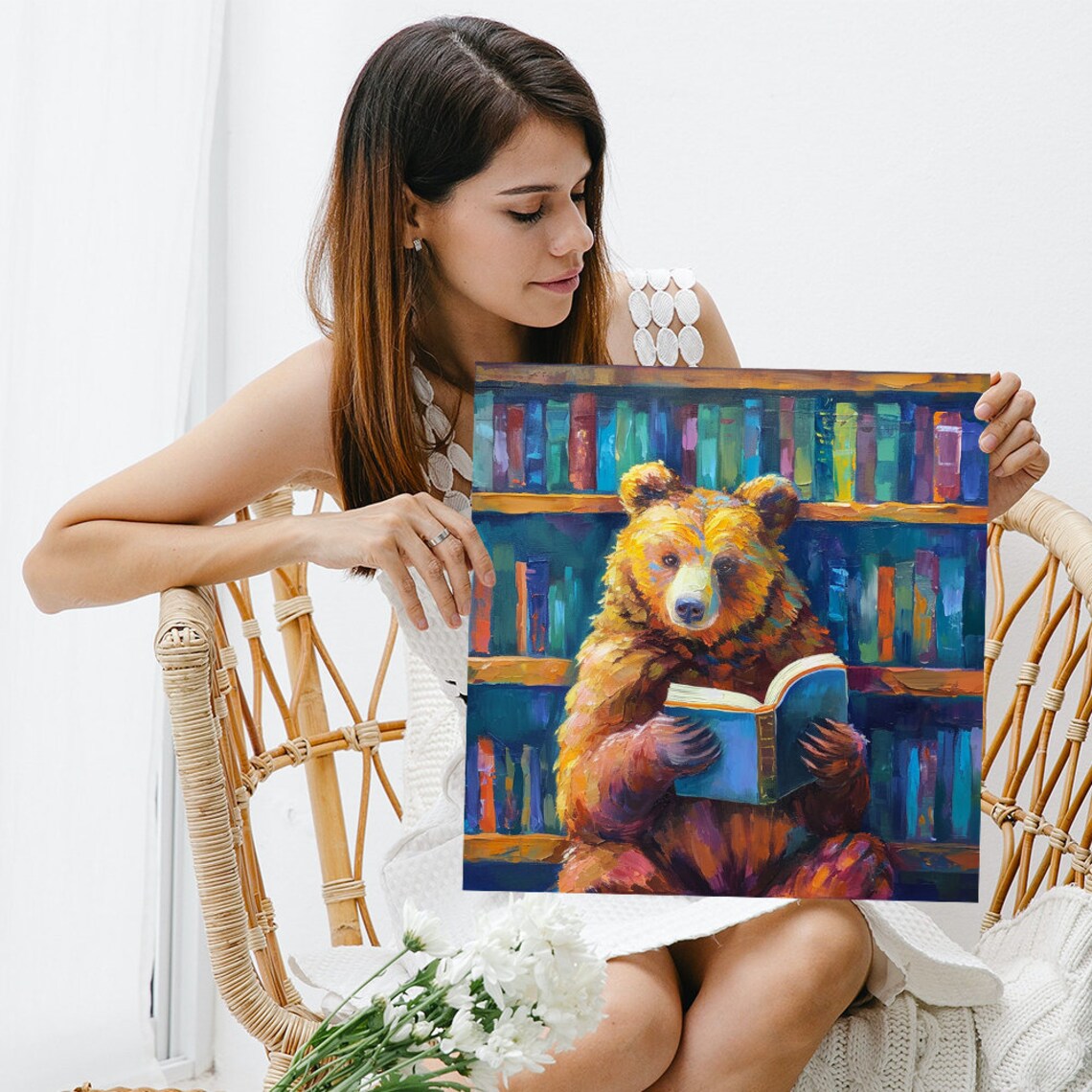 Bookworm Bear Reading In Colorful Library Oil Painting Whimsical Wall Poster - Image 3