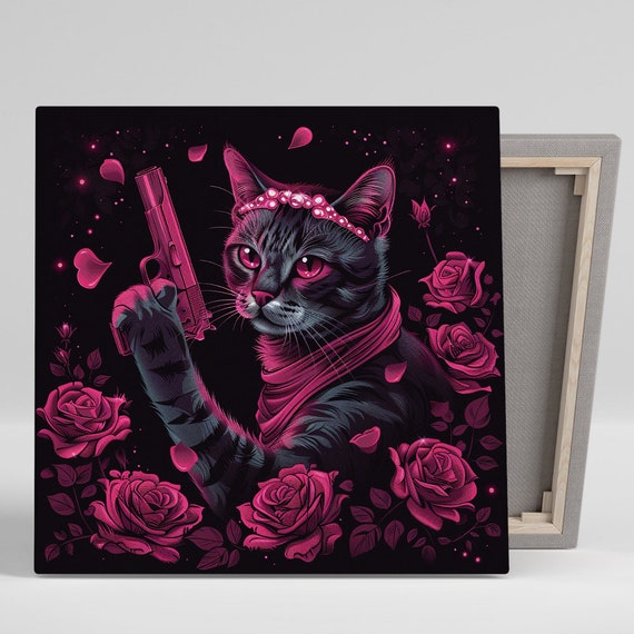 Feline Femme Fatale Art Or Poster Pop Art Glam Gothic Decor Living Room Office Home Theater Wall Art Pink Black Red Feline Decor