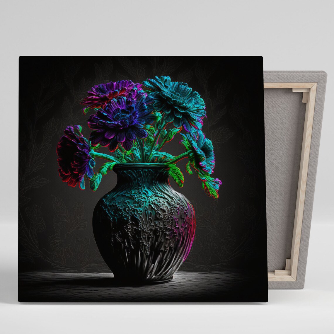 Teal Black Dahlia Flowers In Dark Vase Neon Moody Still Life Poster