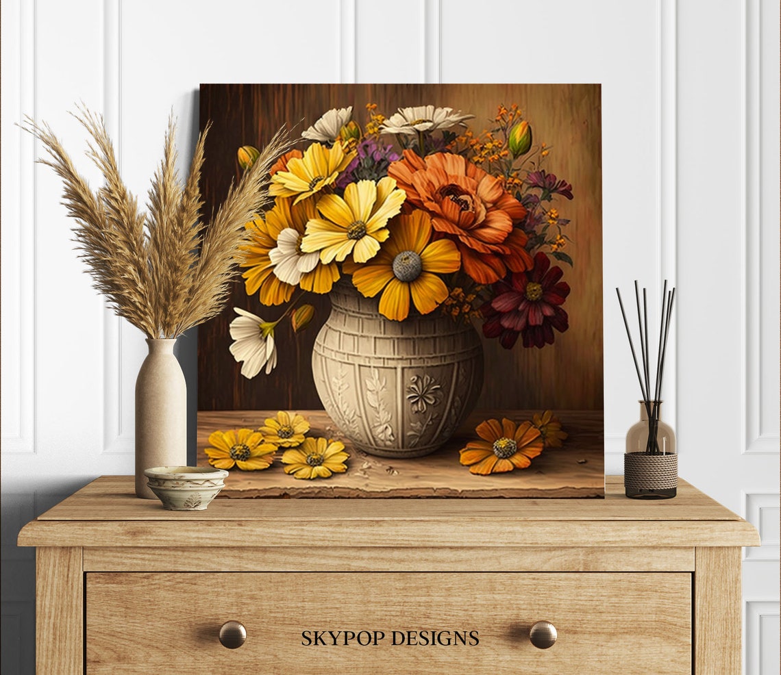 Golden Daisy Bouquet White Ceramic Vase Rustic Warm Floral Poster - Image 2