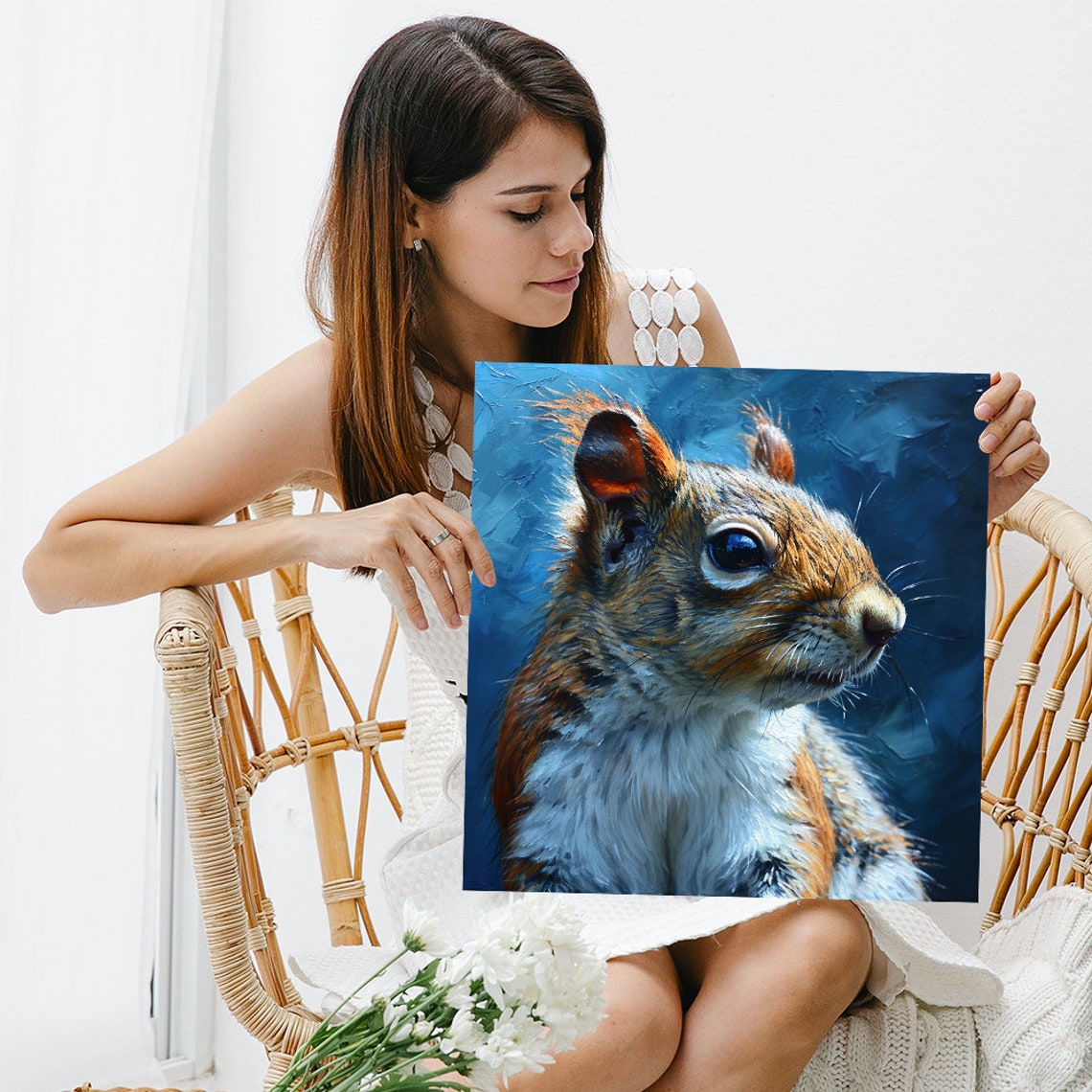 Red Squirrel Portrait on Deep Blue Textured Background Poster - Image 3