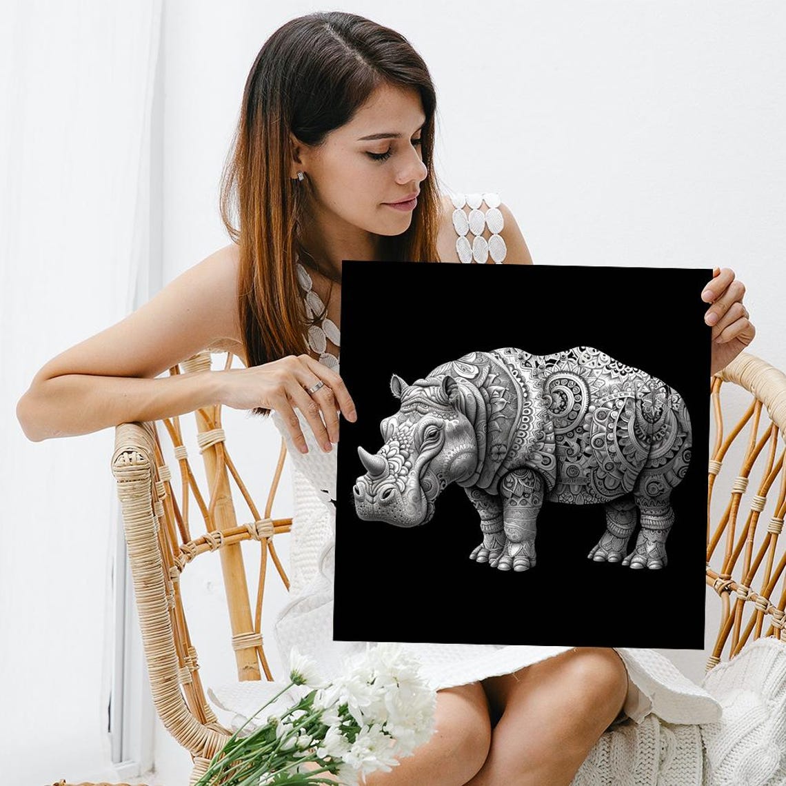 Hippo Covered In Ornamental Mandala Patterns Black White Art Poster - Image 3