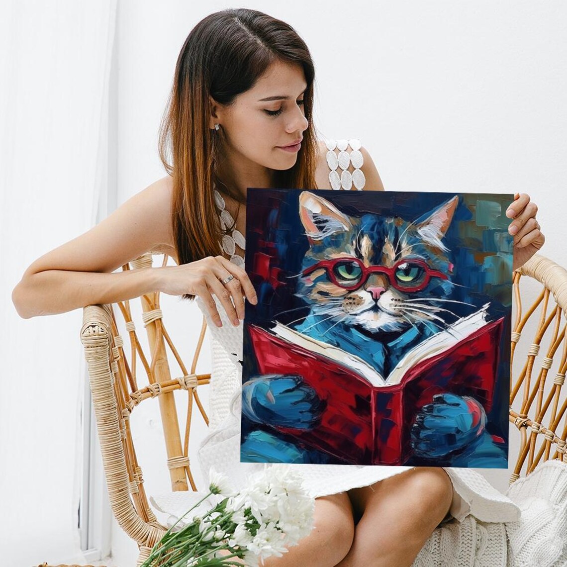 Bookworm Cat With Red Glasses Reading A Red Book Oil Style Poster - Image 3