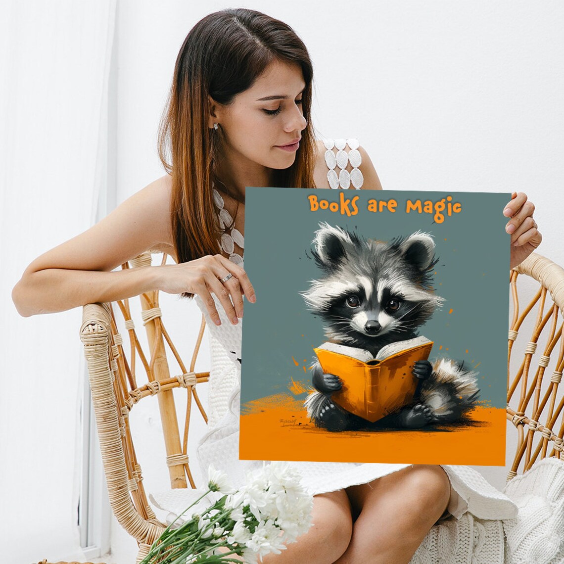 Raccoon Reading Book Books Are Magic Quote Nursery Library Wall Poster - Image 3