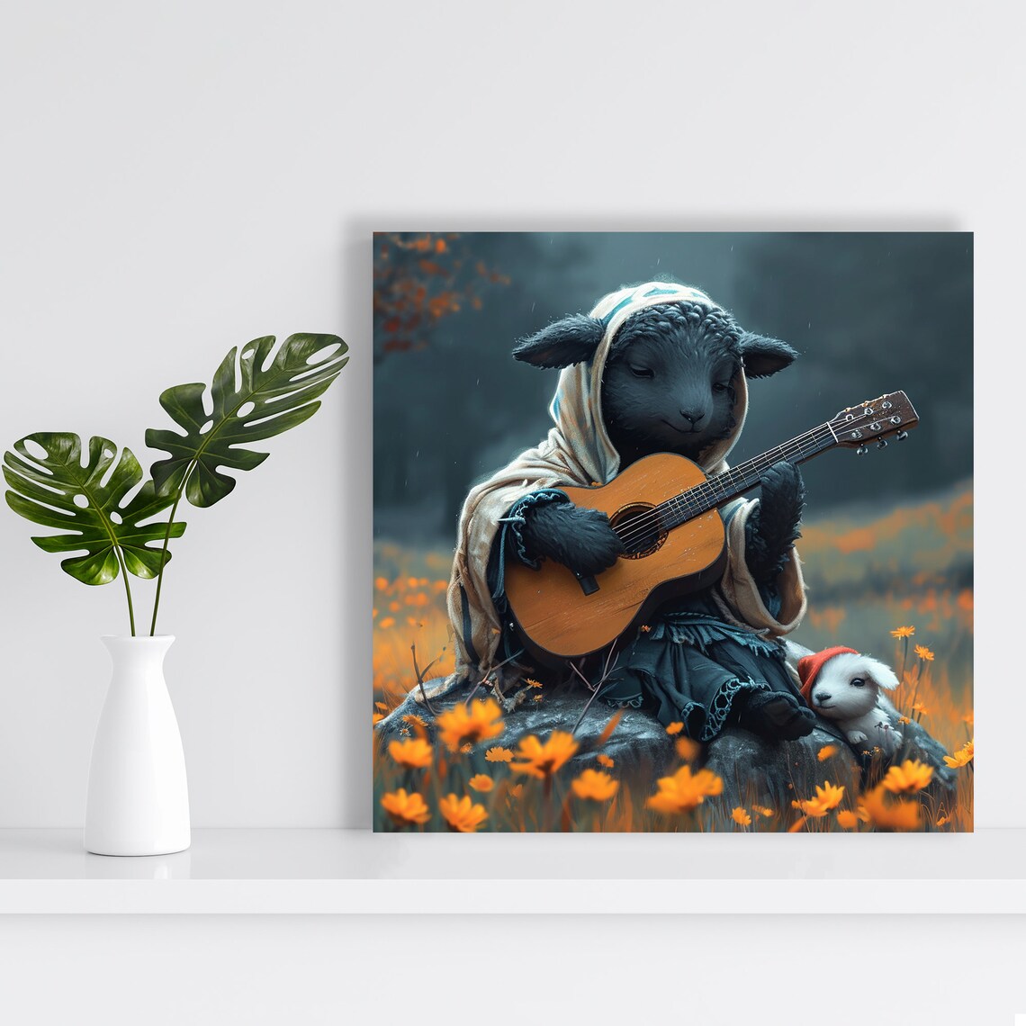 Black Lamb Playing Guitar Meadow Flowers Whimsical Music Poster - Image 2