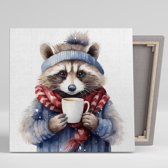 Cozy Raccoon Winter Coffee Mug Beanie Scarf Watercolor Animal Wall Art Print