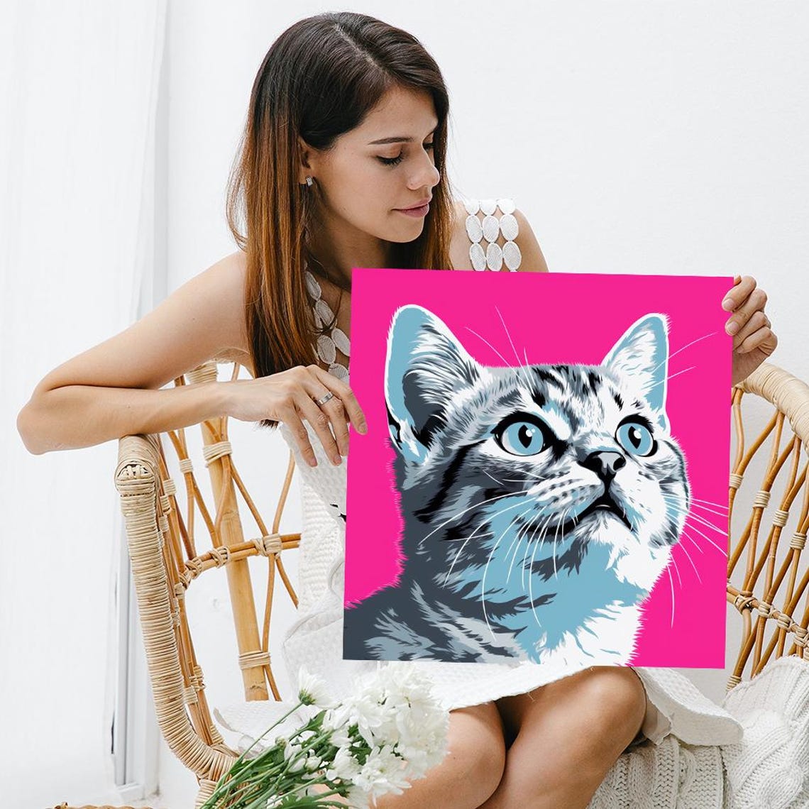 Pop Art Cat Portrait On Hot Pink Background Bold Feline Wall Poster - Image 3