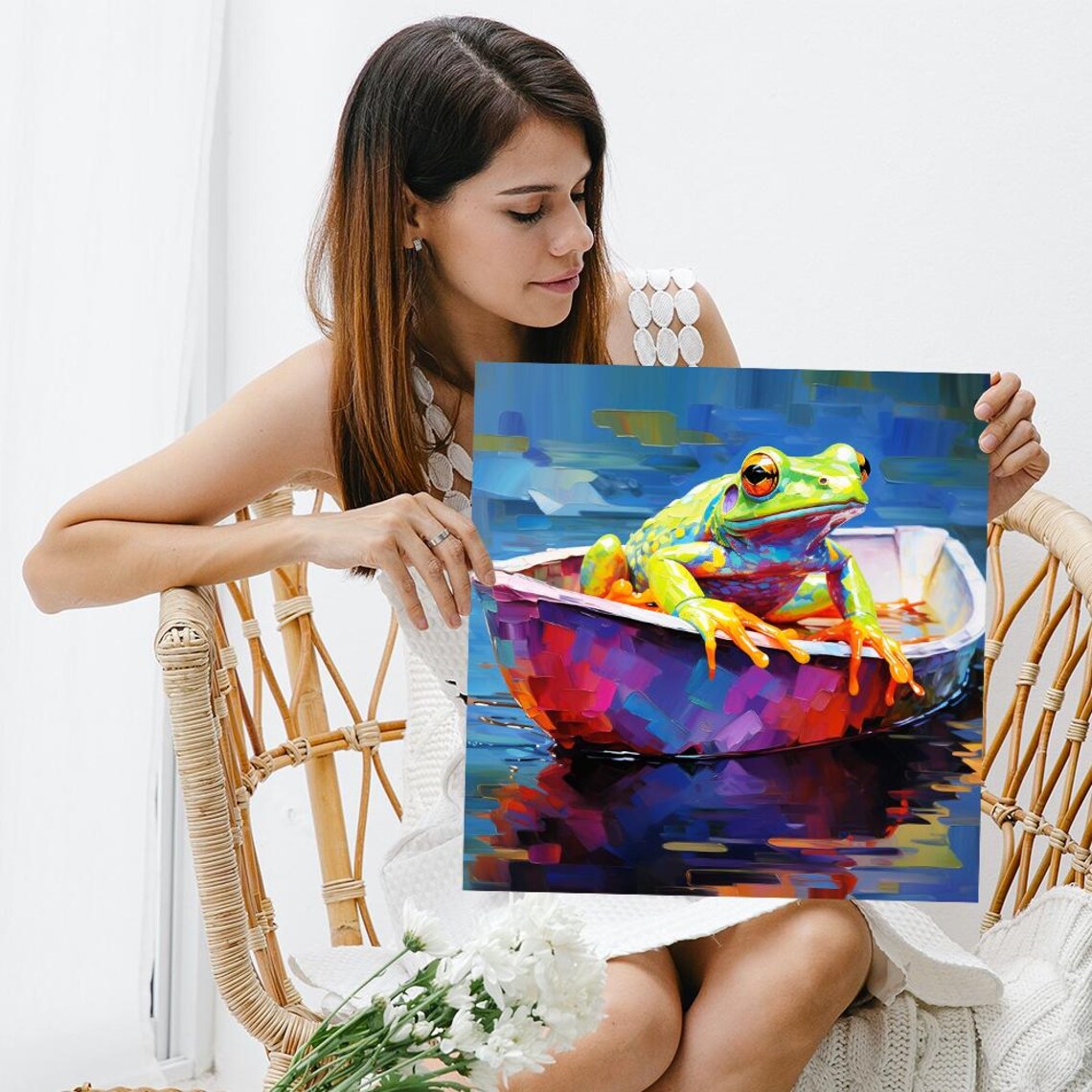 Colorful Frog Paper Boat Ride Vibrant Blue Water Fun Animal Art Poster - Image 3