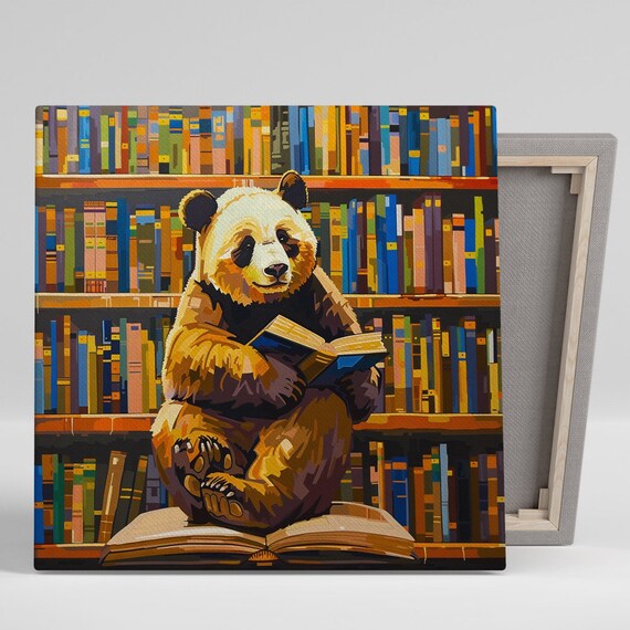 Bookworm Panda Reading In Colorful Library Vibrant Pop Art Children's Wall Art