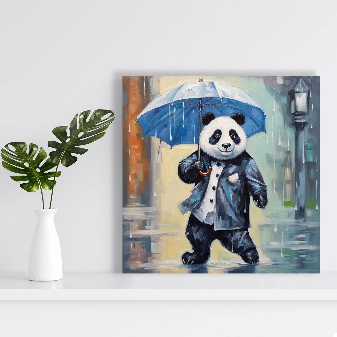 Dapper Panda Blue Umbrella Raincoat Rainy Street Stroll Wall Art Poster - Image 2