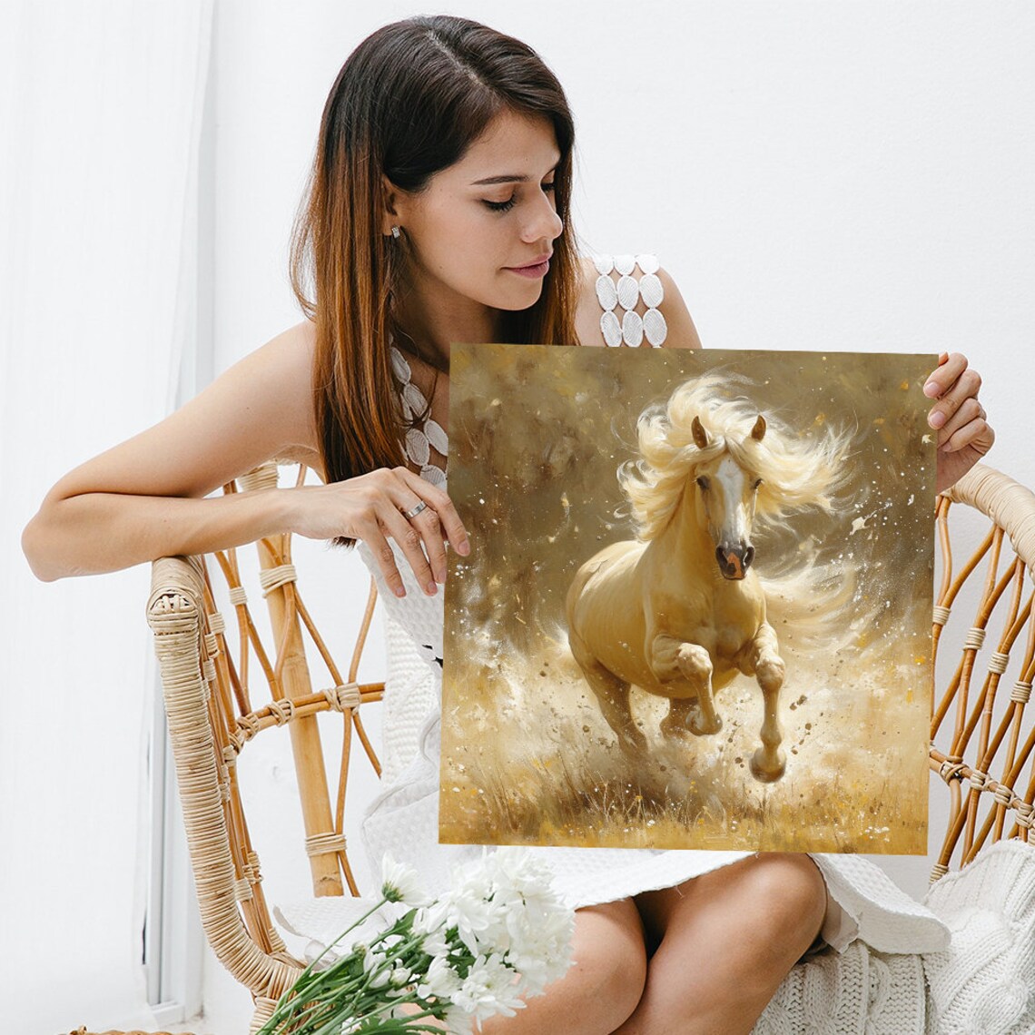 Golden Palomino Stallion Poster Running Horse Golden Field Painterly Print - Image 3