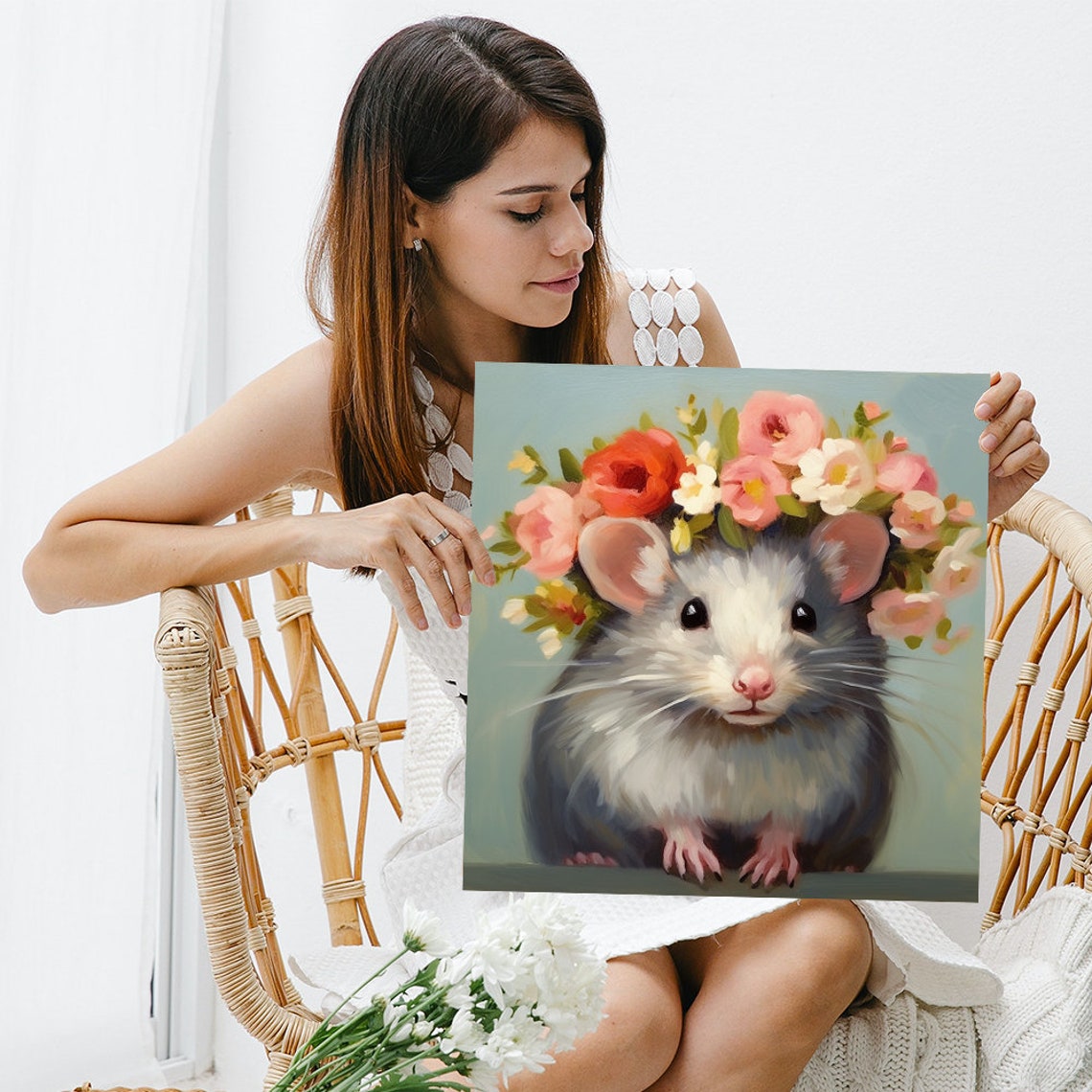 Cute Grey Mouse Wearing Floral Crown Pink Flowers Soft Nursery Poster - Image 3