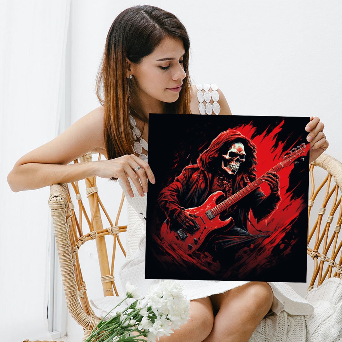 Skeleton Guitarist Red Hood Gothic Rock Music Dark Art Poster - Image 3