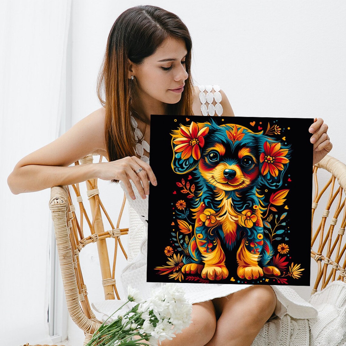 Whimsical Chihuahua Puppy Portrait Orange Blossom Folk Art Poster - Image 3