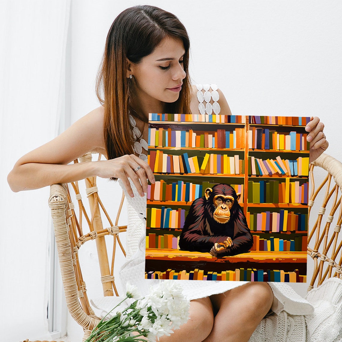 Chimpanzee Library Pop Art Colorful Bookshelf Animal Wall Poster - Image 3
