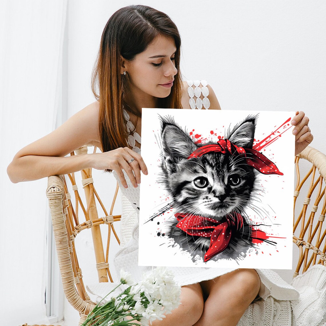 Kitten Red Bandana Rockstar Splash Ink Playful Portrait Wall Art - Image 3
