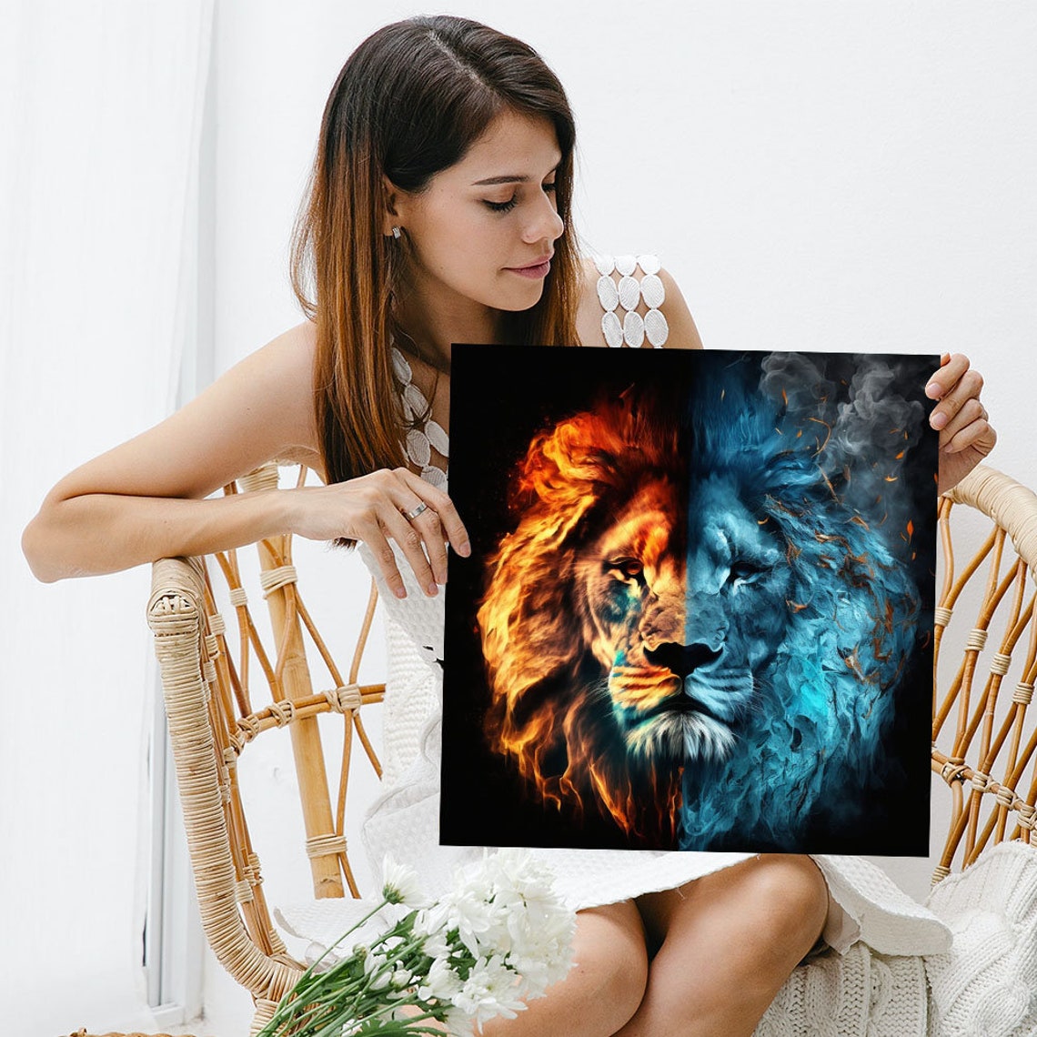 Lion Fire Ice Split Face Dramatic Wildlife Art Black Background Poster - Image 3