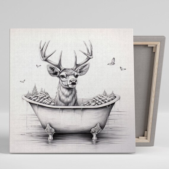 Deer Relaxing In Clawfoot Bathtub Black White Pencil Sketch Funny Art Print