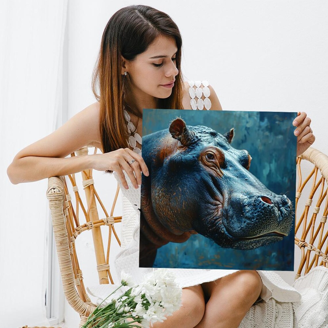 Hippopotamus Portrait Realistic Blue Toned Wildlife Animal Art Poster - Image 3