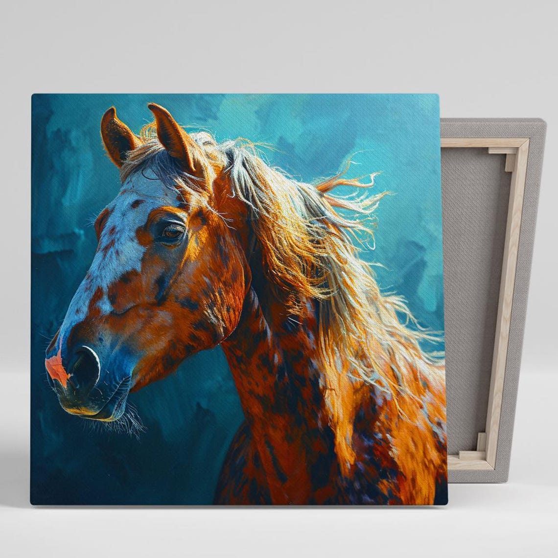 Chestnut Horse Profile Flowing Mane Teal Background Painterly Poster