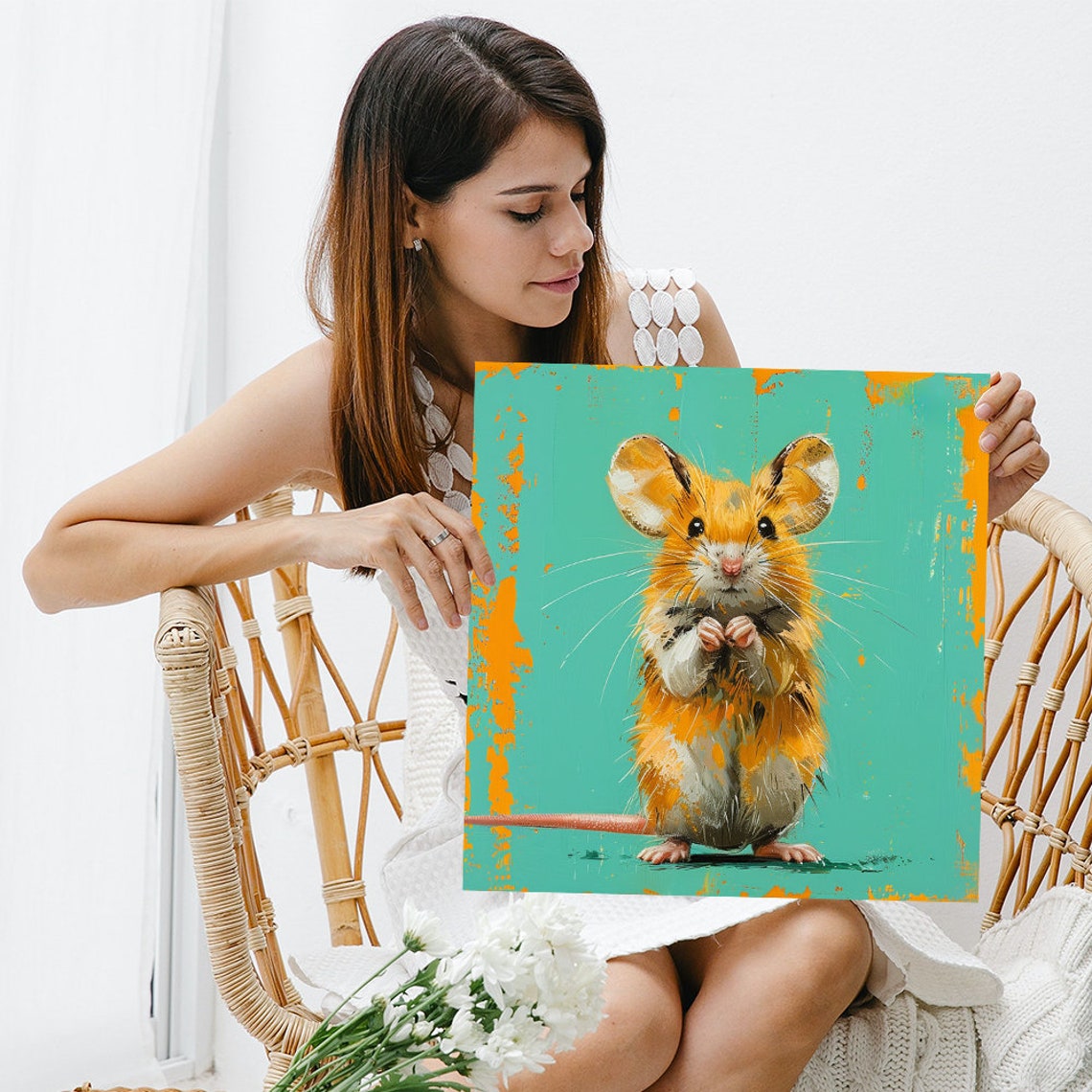 Curious Golden Mouse Standing Turquoise Background Orange Wall Art - Image 3