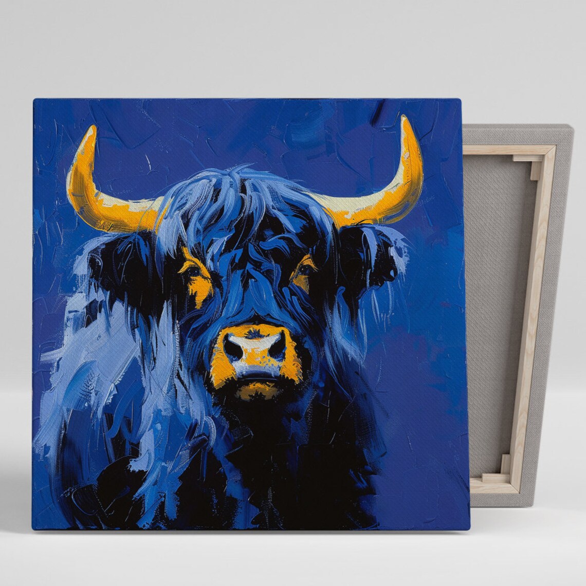 Highland Cow Royal Blue Gold Horns Impasto Farmhouse Wall Poster