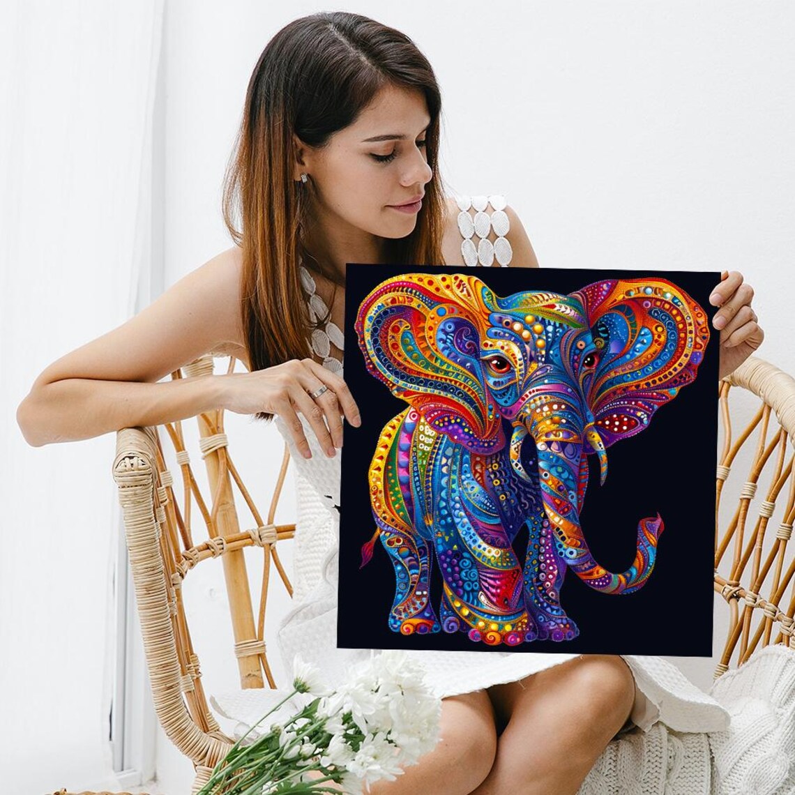Kaleidoscopic Elephant Psychedelic Rainbow Patterns Black Background Print - Image 3