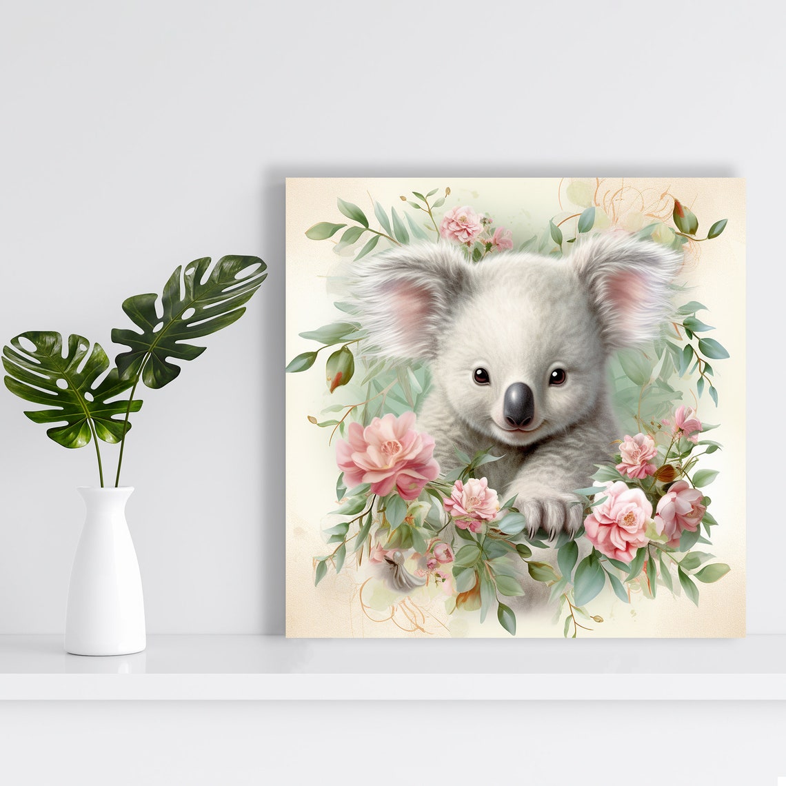 Sweet Koala Surrounded by Pink Roses Floral Nursery Wall Art Poster - Image 2