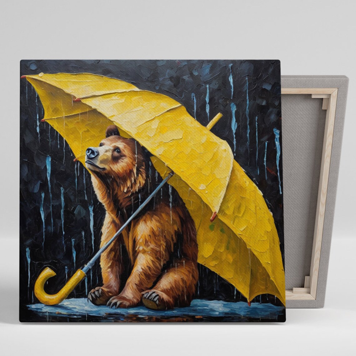Brown Bear Yellow Umbrella Poster Rainy Day Whimsical Animal Decor