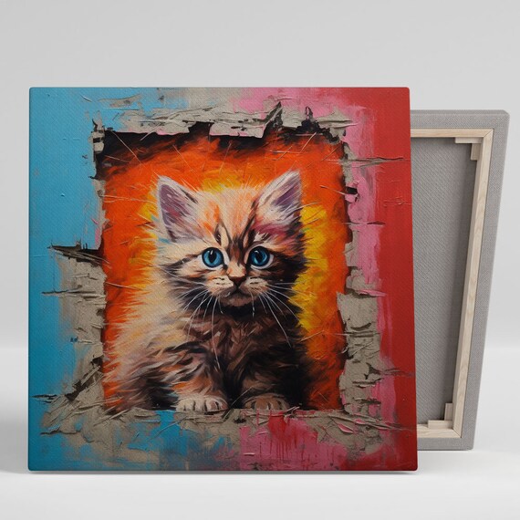 Fluffy Kitten With Blue Eyes Peeking Through Torn Paper Frame Art Poster