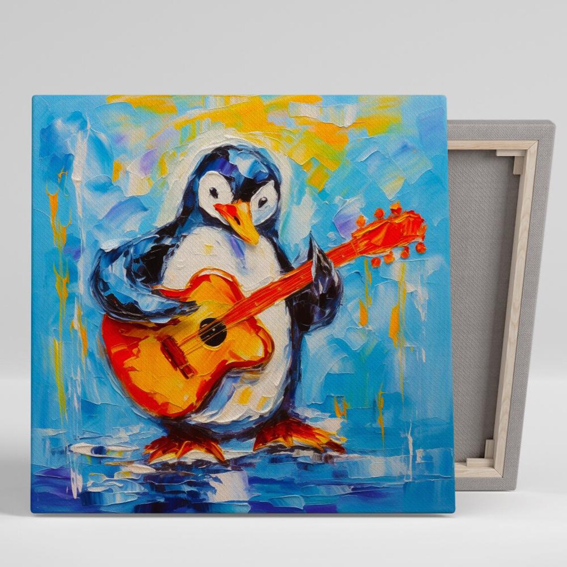 Rockstar Penguin Playing Guitar Oil Painting Cute Music Animal Poster