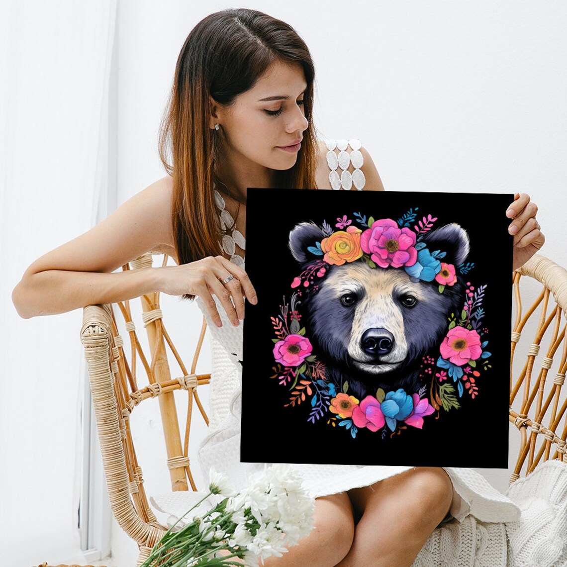 Floral Crown Bear Portrait Colorful Watercolor Blooms Black Art Poster - Image 3