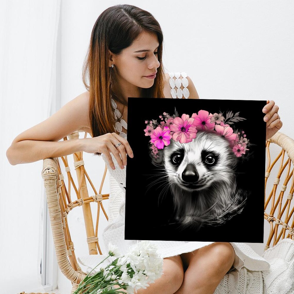 Raccoon Floral Crown Pink Flowers Black Background Animal Art Poster - Image 3
