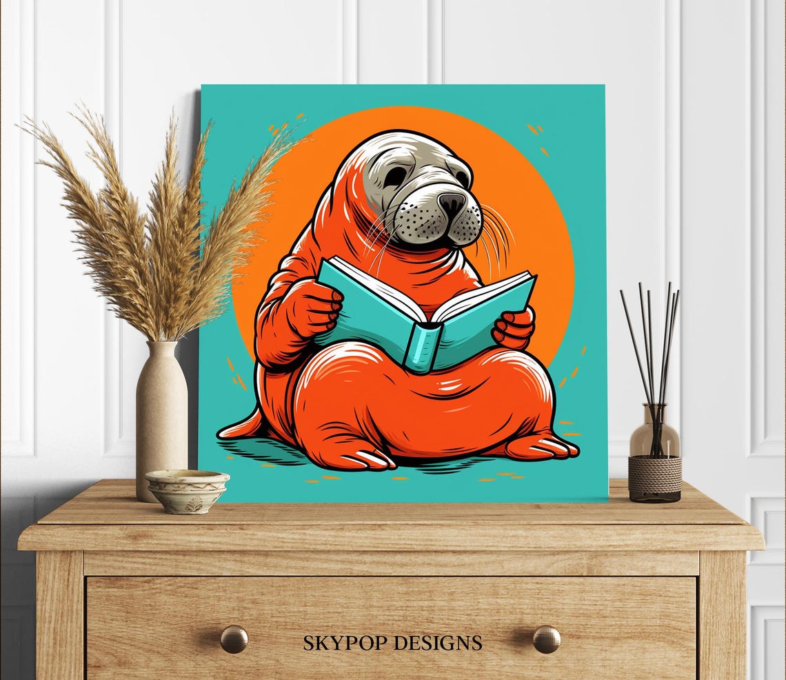 Bookworm Walrus Reading Book Whimsical Orange Teal Pop Animal Poster - Image 2
