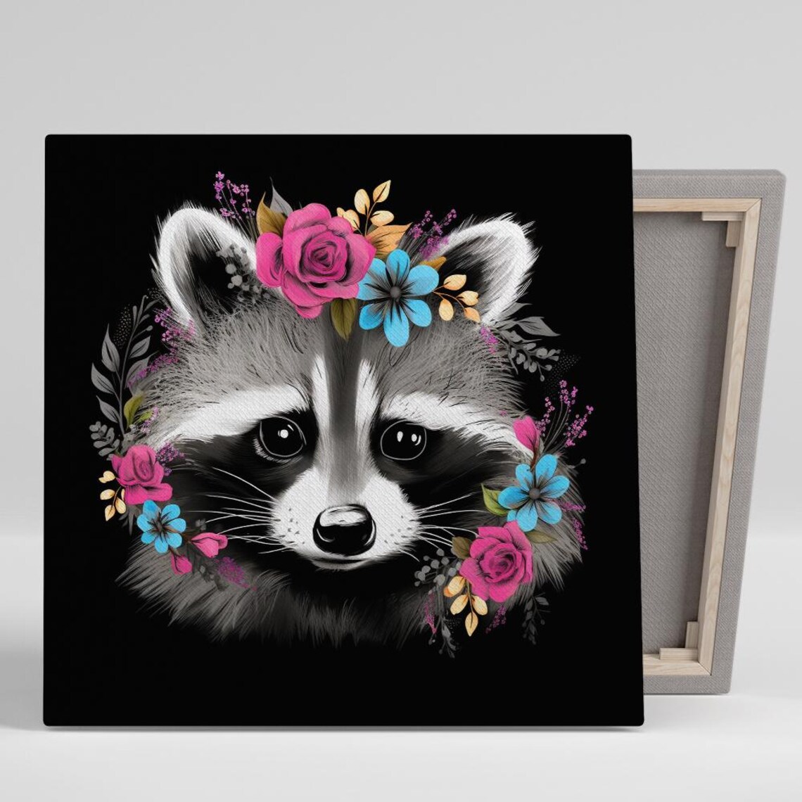 Cute Raccoon Portrait With Pink Roses Blue Flowers Crown Black Wall Poster