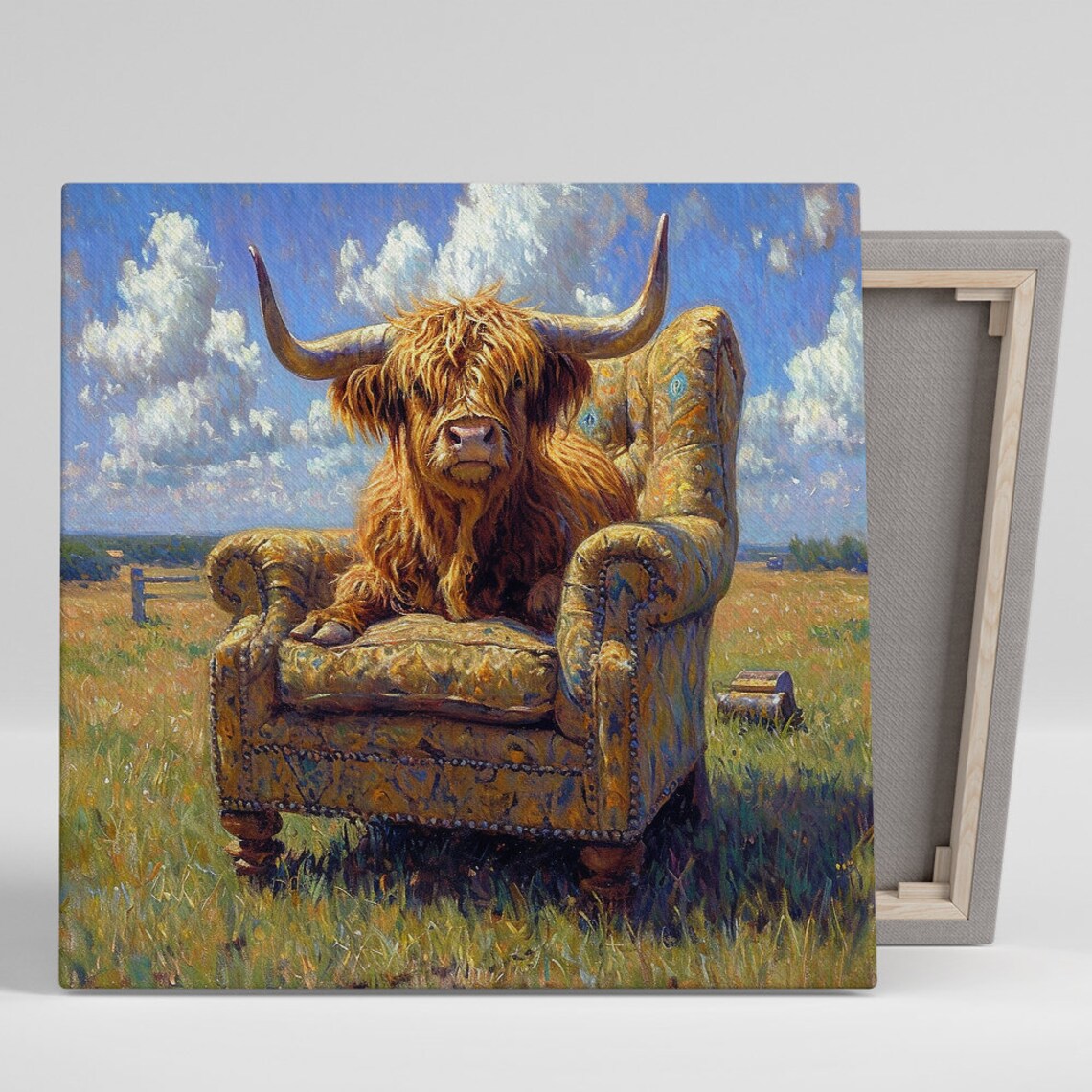 Highland Cow Sitting on Vintage Armchair in Sunny Field Poster