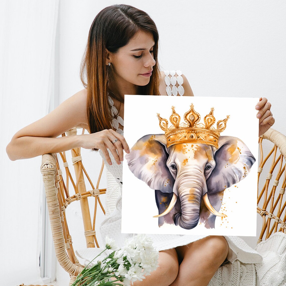 Royal Elephant Wearing Gold Crown Watercolor Portrait Glam Nursery Art Poster - Image 3