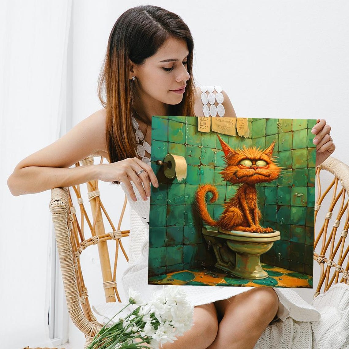 Grumpy Orange Cat Sitting On Toilet Funny Bathroom Animal Art Poster - Image 3