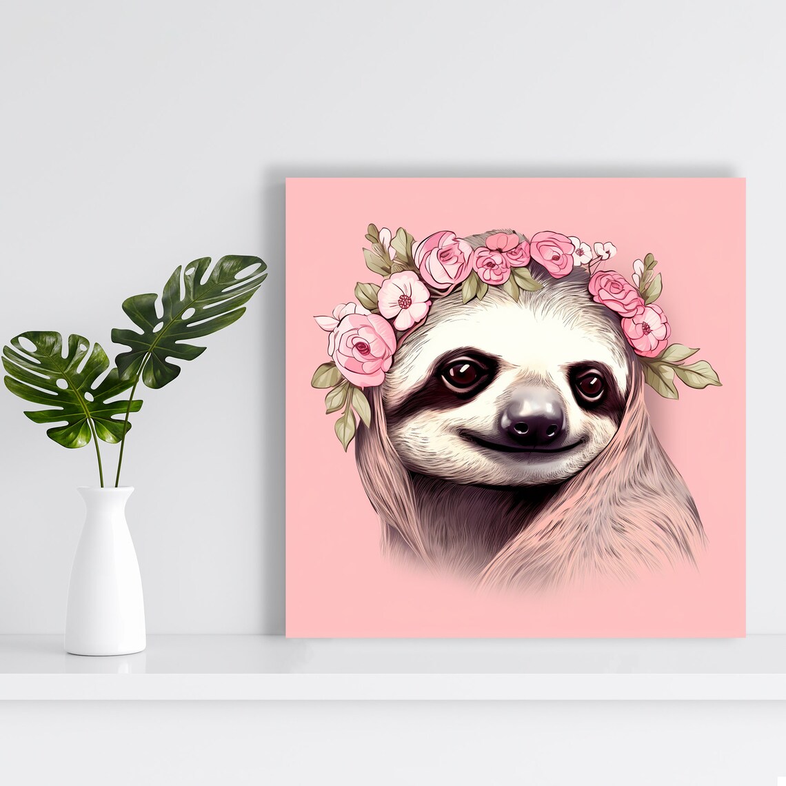 Smiling Sloth Wearing Pink Flower Crown Roses Soft Pink Background Poster - Image 2