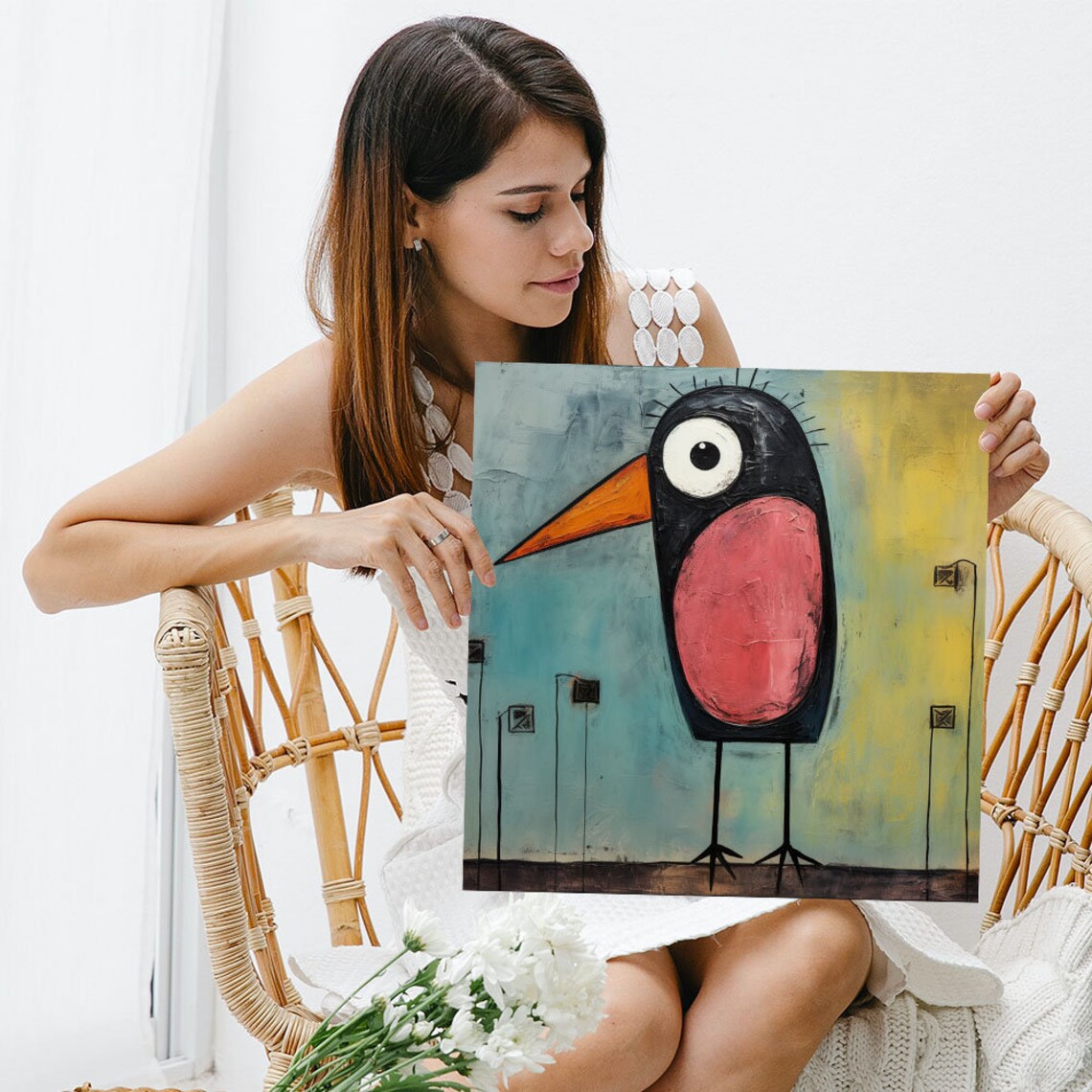 Quirky Cartoon Bird Big Eye Long Legs Whimsical Folk Art Animal Poster - Image 3