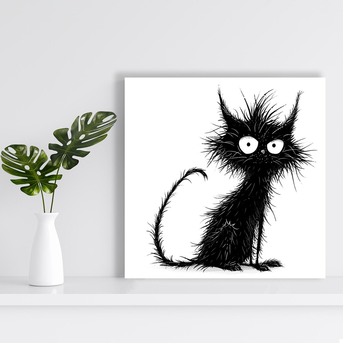 Scruffy Black Cat Wild Spiky Fur Big Eyes Funny Cartoon Wall Art Print Poster - Image 2