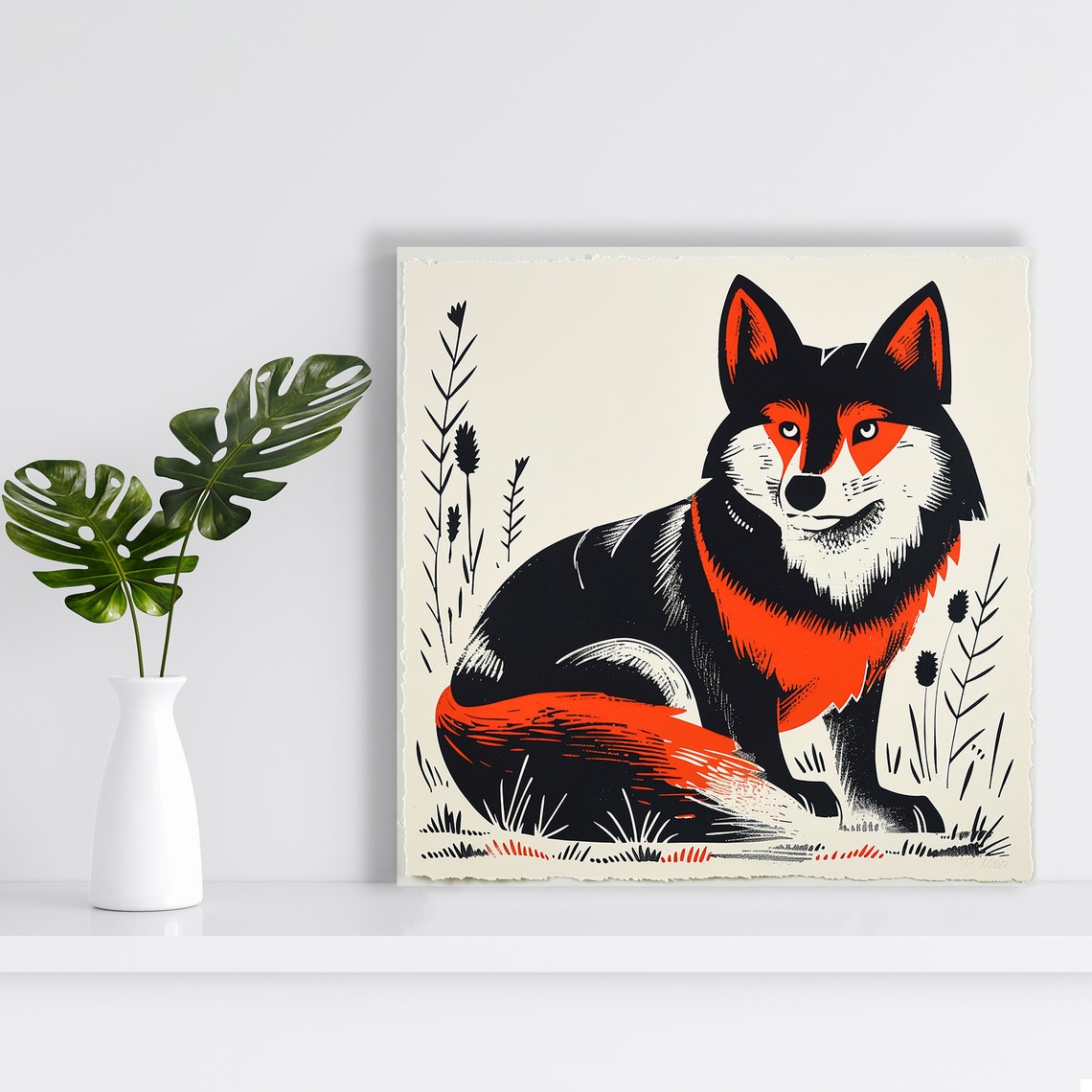 Bold Red Fox Woodblock Illustration Cream Rustic Wildlife Poster - Image 2