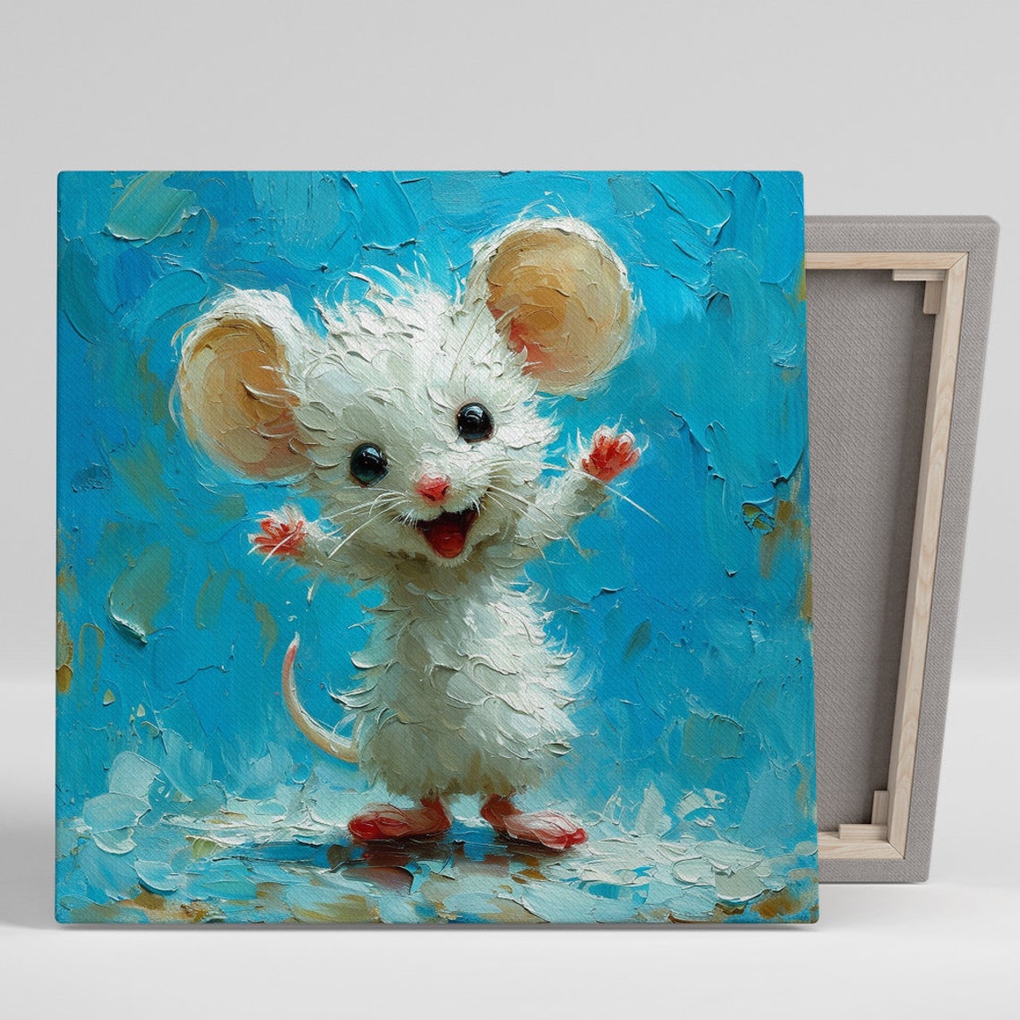 Happy White Mouse Blue Impasto Cheerful Kids Wall Art Poster