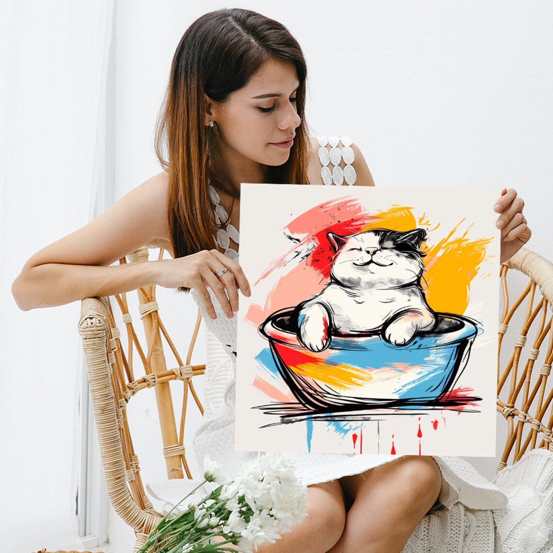 Happy Cat In Bowl Watercolor Splash Playful Kitchen Kids Room Wall Art - Image 3