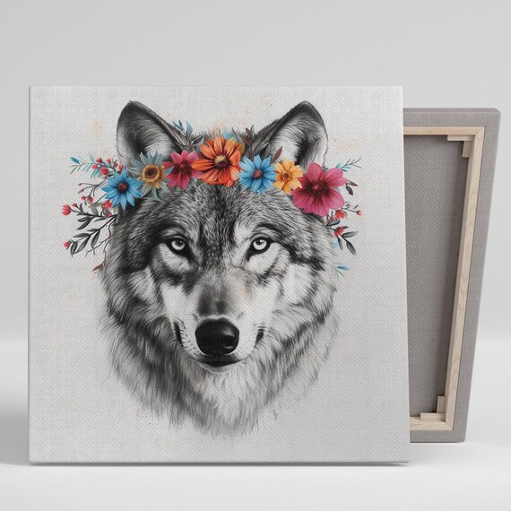 Wolf With Colorful Flower Crown Sketch Style Animal Wall Art Poster