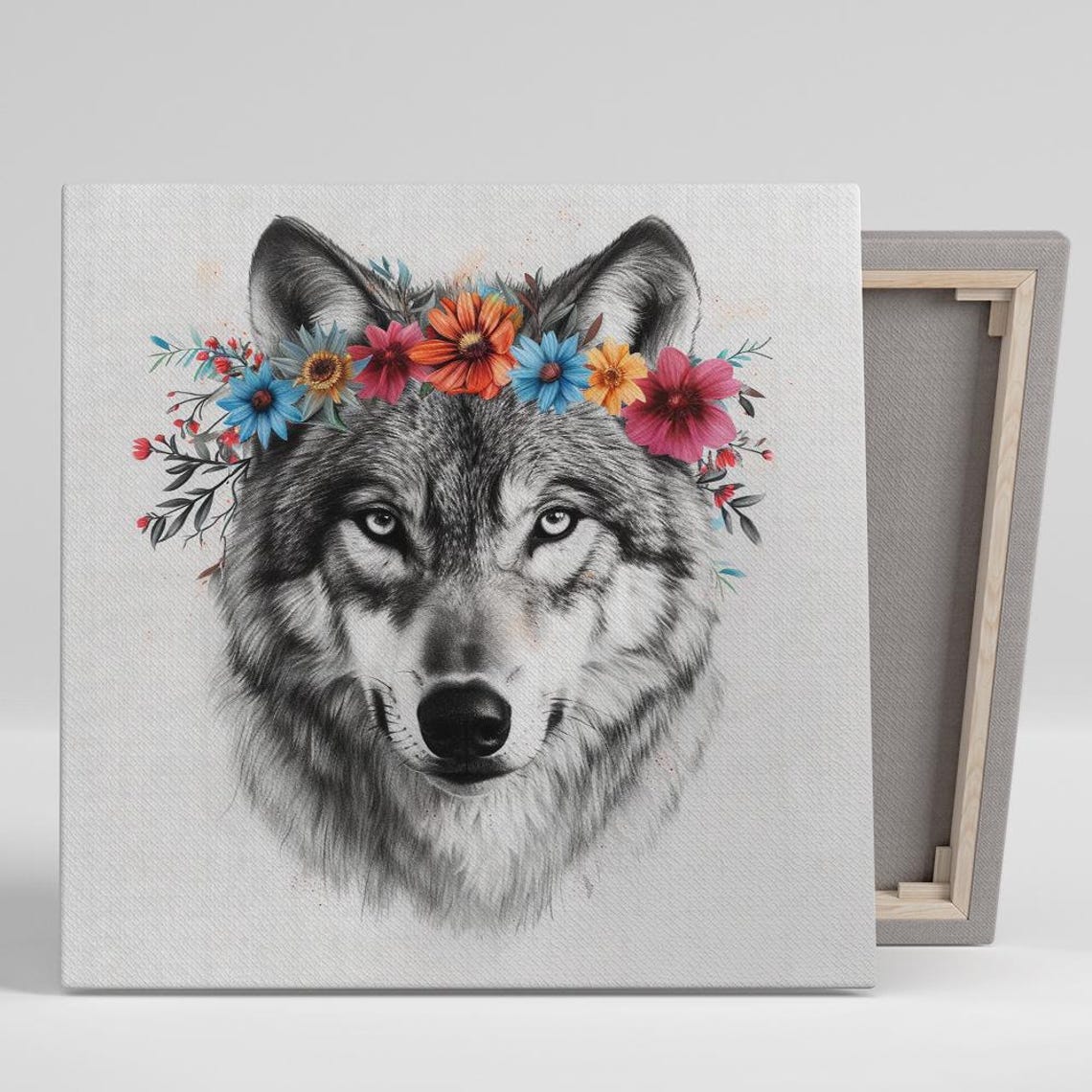 Wolf With Colorful Flower Crown Sketch Style Animal Wall Art Poster