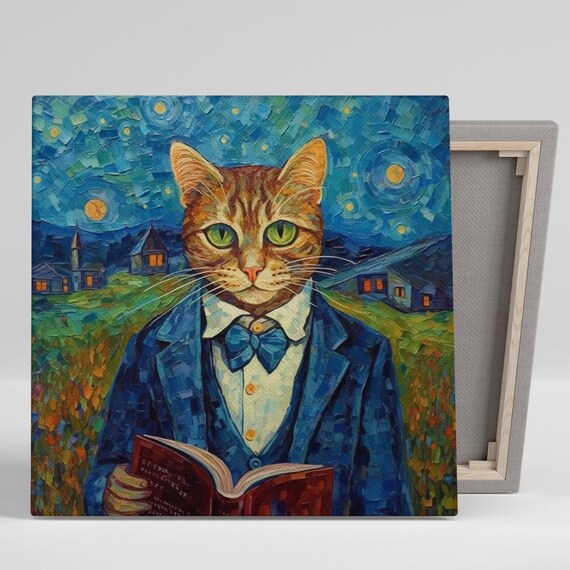 Scholar Cat Starry Night Impressionist Blue Green Literary Art Poster