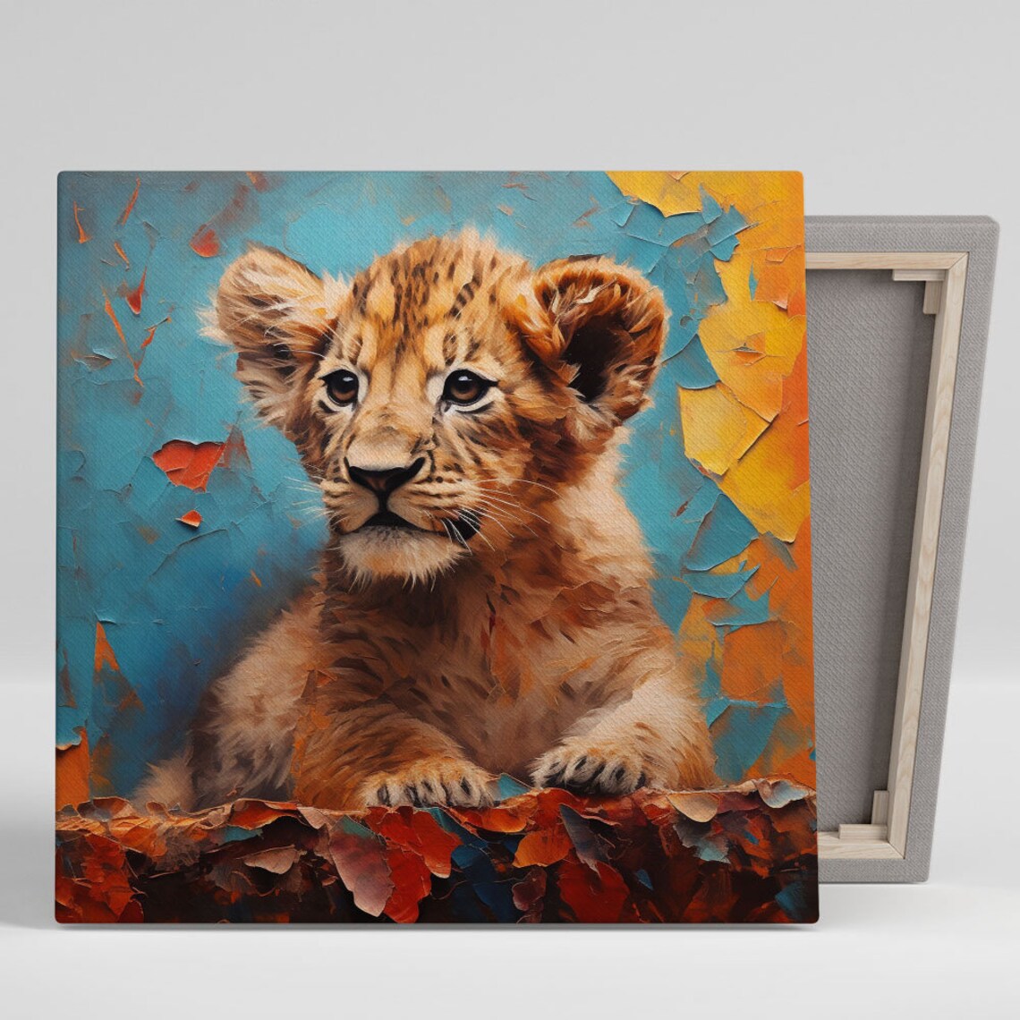 Adorable Baby Lion Cub Painted Peeling Paint Turquoise Art Poster